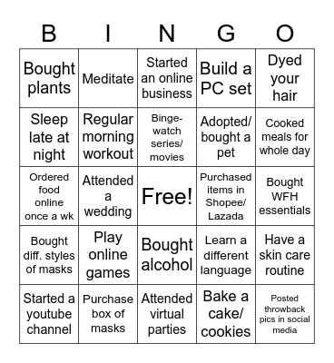 Things you do during pandemic Bingo Card