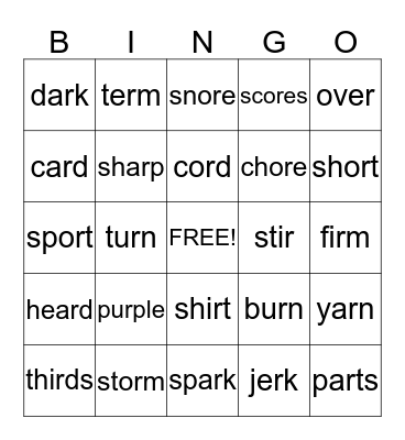 1B R Control Words Bingo Card