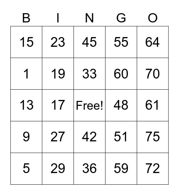 60031606 Bingo Card