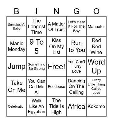 80s Hits Bingo Card
