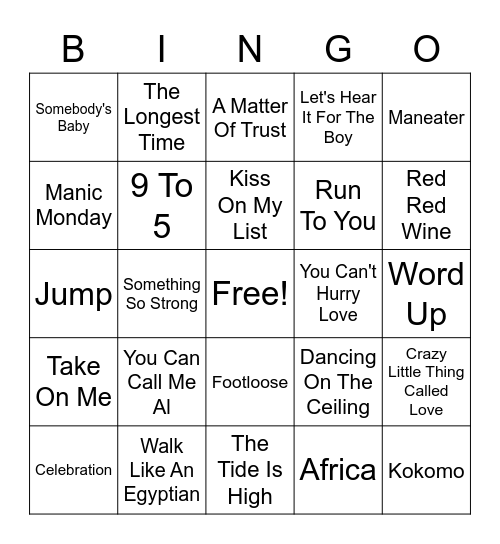 80s Hits Bingo Card