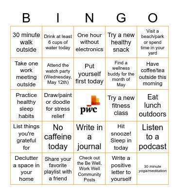 Be Well Bingo Card