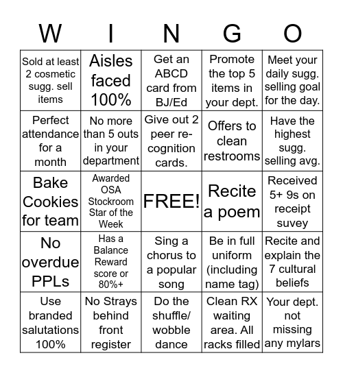 Walgreens 9272 Bingo Card