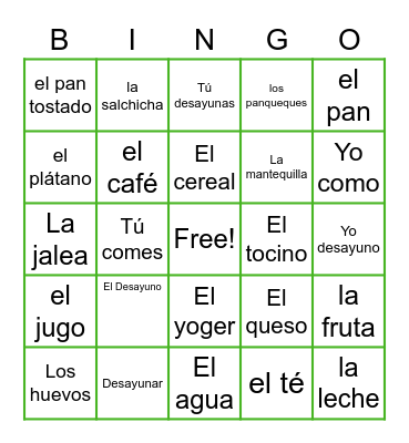 Breakfast Vocab Bingo Card