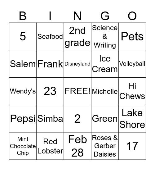 Mrs Mecham's Birthday Party Bingo Card