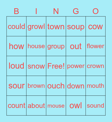ou and ow words Bingo Card