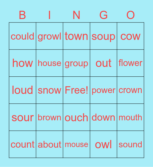 ou and ow words Bingo Card