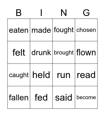 Participle Verbs Bingo Card