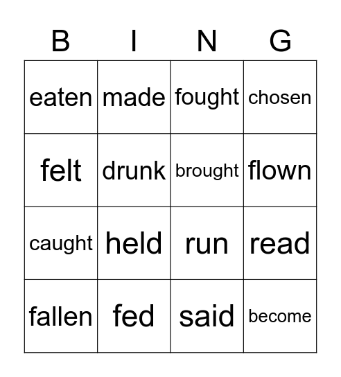 Participle Verbs Bingo Card