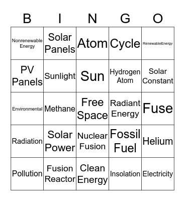 Solar Power Bingo Card