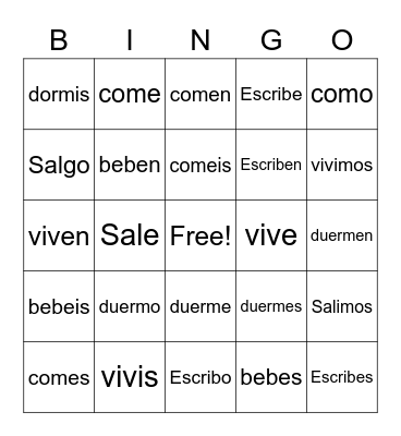Spanish Verbs (-Er/-Ir) Bingo Card