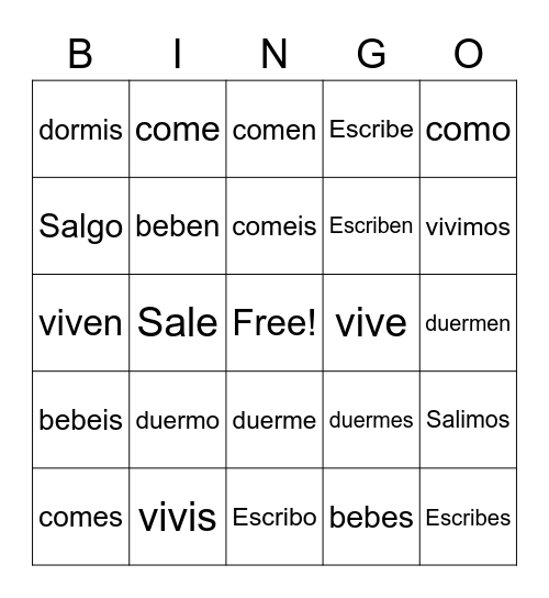 Spanish Verbs (-Er/-Ir) Bingo Card