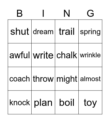 Spelling Final Exam Bingo Card