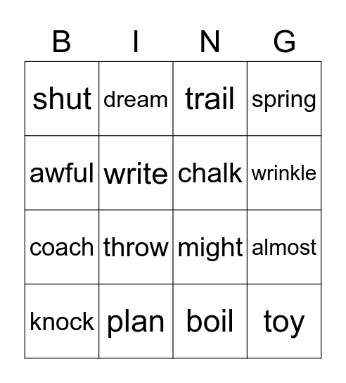 Spelling Final Exam Bingo Card