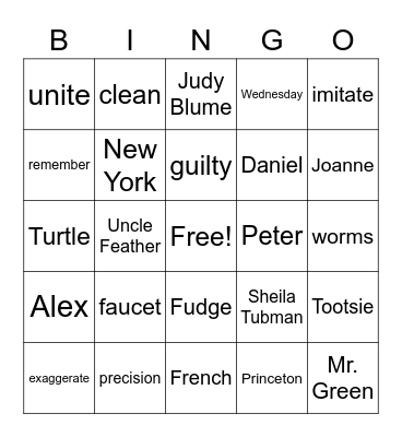 Super Fudge Vocabulary and Character Review Bingo Card