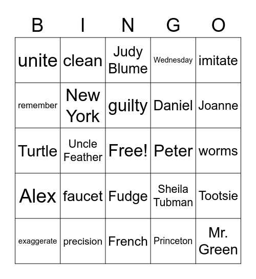 Super Fudge Vocabulary and Character Review Bingo Card