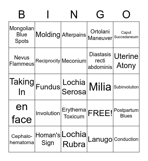 Postpartum and Neonatal  Bingo Card