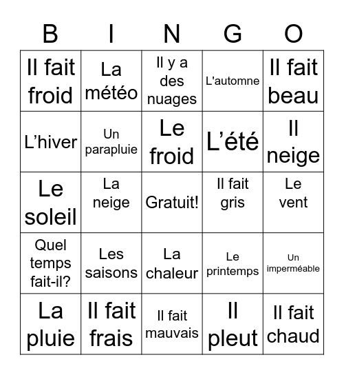 La Météo Vocab Bingo Card