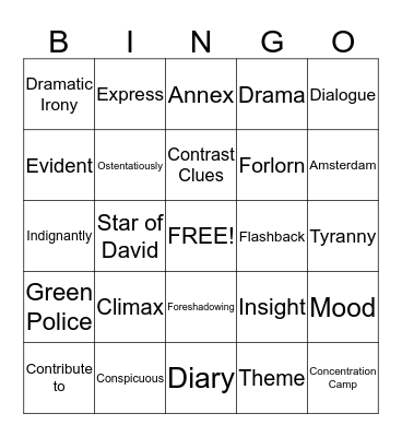 Diary of Anne Frank Vocabulary Bingo Card