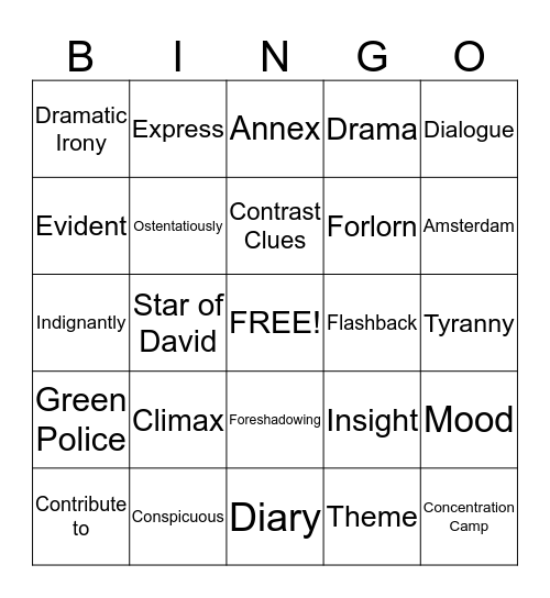 Diary of Anne Frank Vocabulary Bingo Card