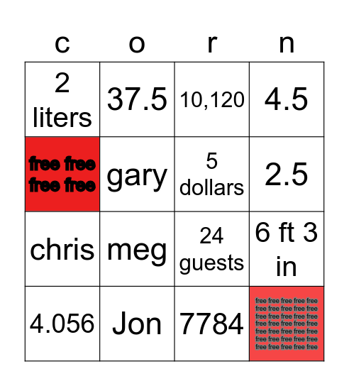 Math Review Corn Bingo Card