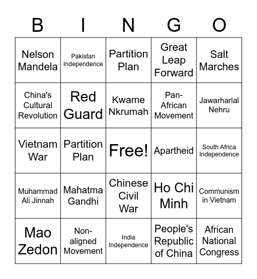 De-Colonization Bingo Card