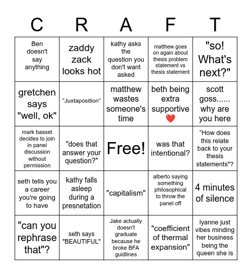 CRAFT BFA BINGO Card