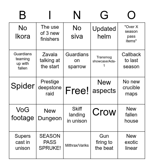 Destiny trailer bingo Card