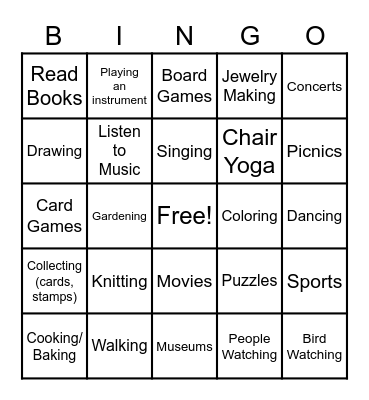 Leisure Bingo Card