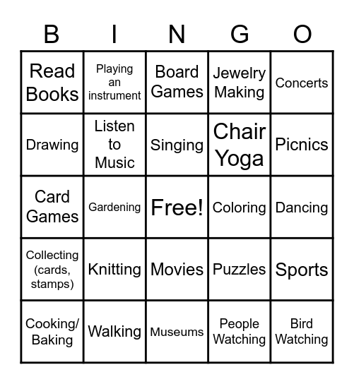 Leisure Bingo Card