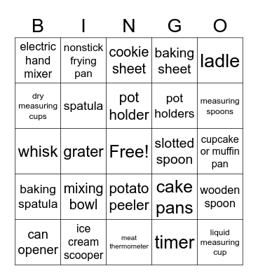 Kitchen Tools Bingo Card