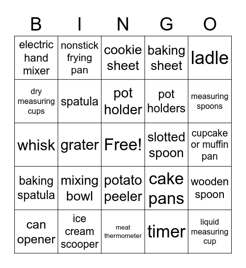 Kitchen Tools Bingo Card