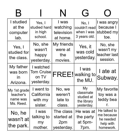 Create Questions Bingo Card