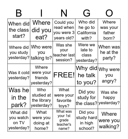 Past Tense Questions Bingo Card
