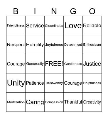 Virtues Bingo Card