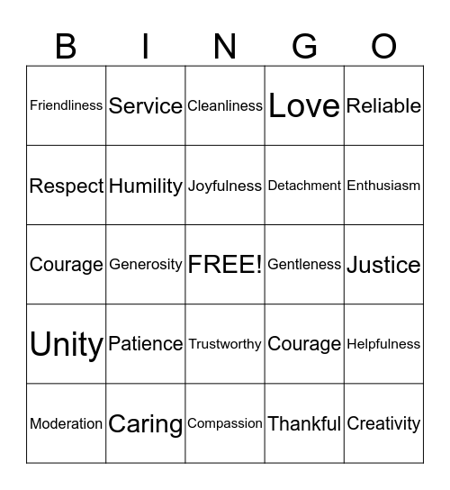 Virtues Bingo Card