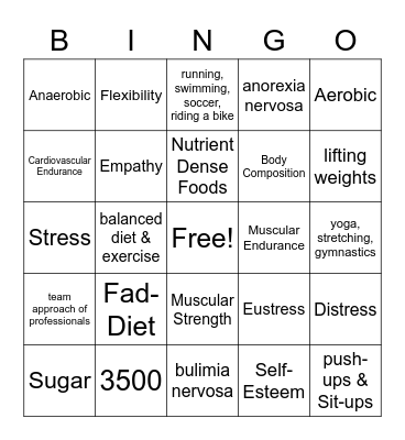 Physical Activity & Nutrition & Mental Health Bingo Card