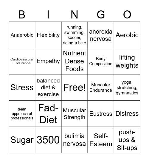 Physical Activity & Nutrition & Mental Health Bingo Card