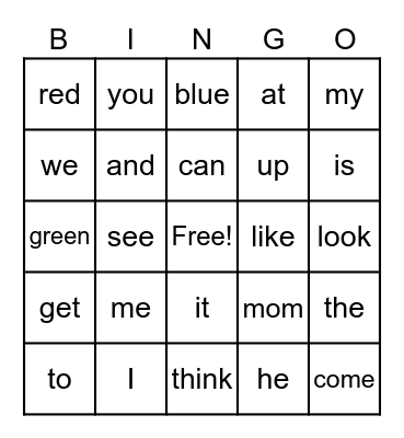 Kindergarten Sight Words Bingo Card
