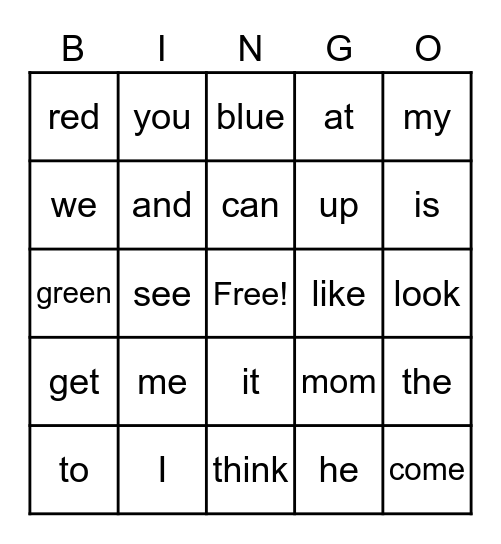 Kindergarten Sight Words Bingo Card