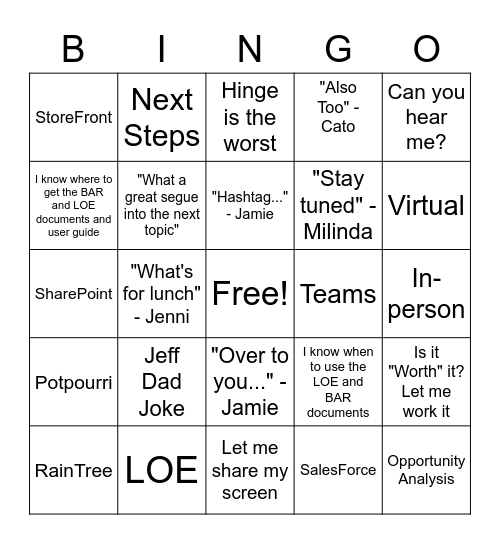 Sales Lead Ascent 2021 Bingo Card