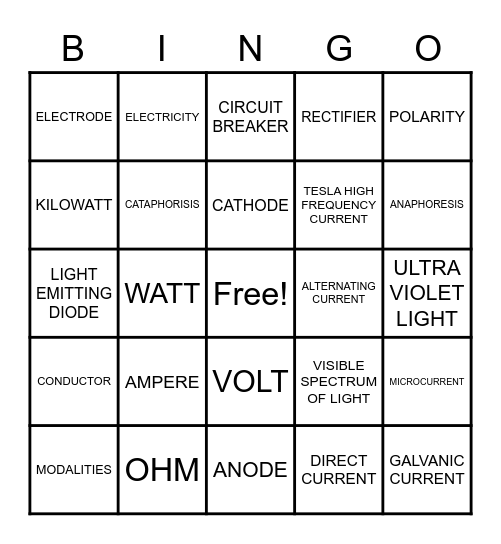 ELECTRICITY Bingo Card