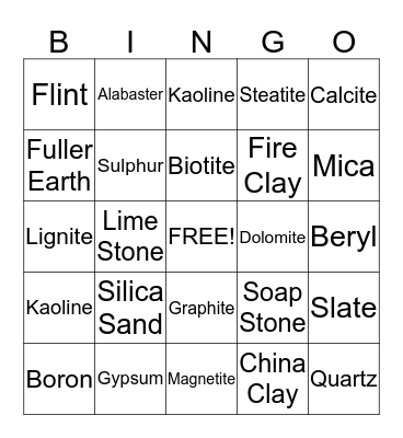 Mineral Bingo Card