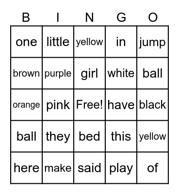 Kinder Sight Words Bingo Card