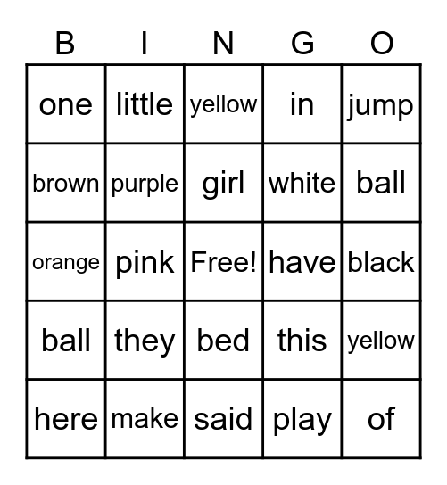 Kinder Sight Words Bingo Card