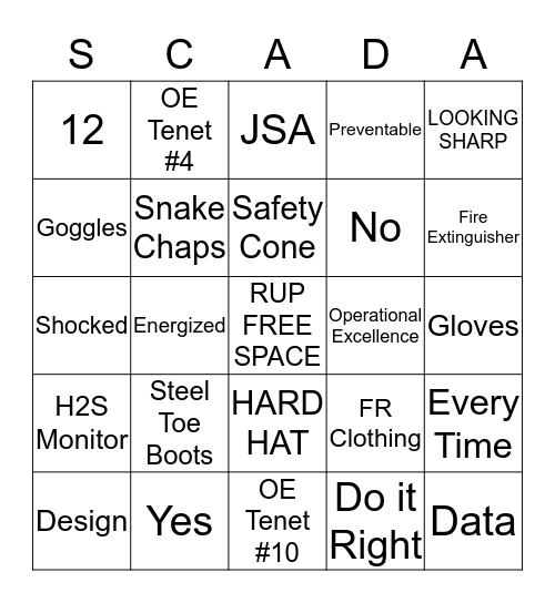 RUP Safety Bingo Card