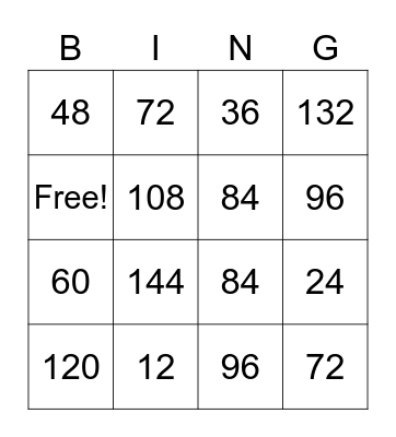 12 X Table Bingo Card