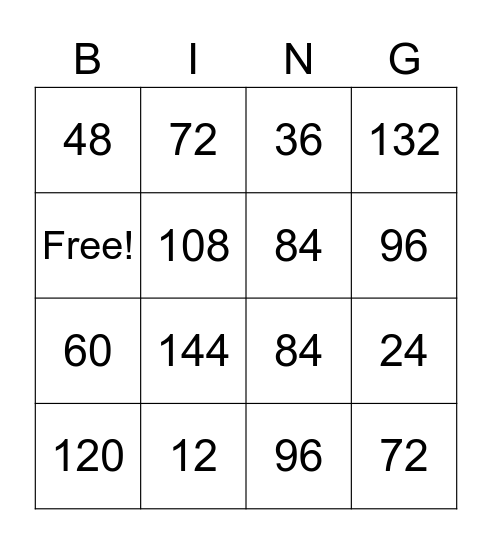 12 X Table Bingo Card