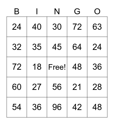6-9 Times Table Bingo Card
