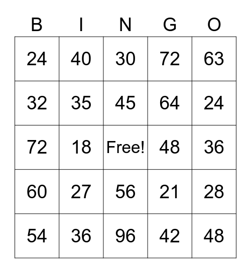 6-9 Times Table Bingo Card